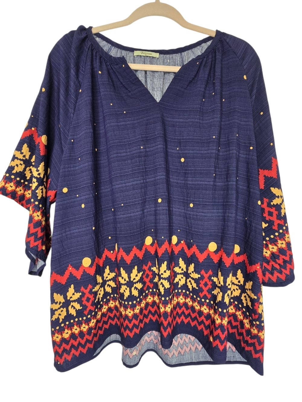 Bebonnie lightweight, printed V-neck top with patterned sleeves and hem